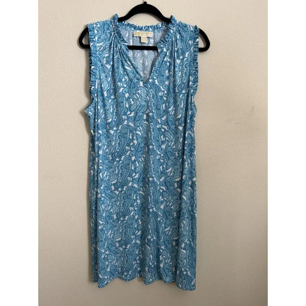 Michael Kors Shift Dress 1X Blue White Paisley Sleeveless Stretch Career Church
